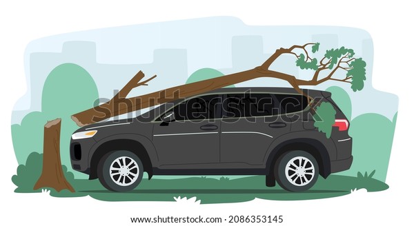Broken Car with Tree Fall on Automobile Roof\
and Windshield. Nature Disaster, Accident in City or Suburban Area,\
Accidental Damage, Dangerous Situation, Insurance Case. Cartoon\
Vector Illustration