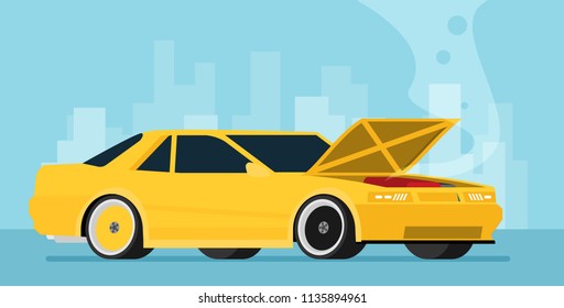 Broken car. Vector cartoon flat illustration