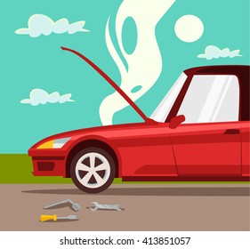 Broken Car. Vector Cartoon Flat Illustration