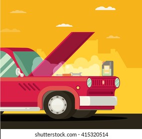 Broken car. Vector cartoon flat illustration