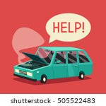 Broken car. Vector cartoon illustration. Need help. Car with open hood