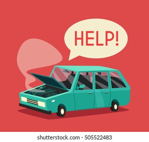Broken car. Vector cartoon illustration. Need help. Car with open hood