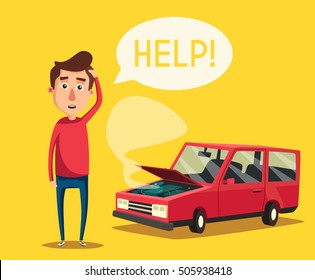 Broken Car. Vector Cartoon Illustration. Need Help. Car With Open Hood. Unhappy Man. Human Character