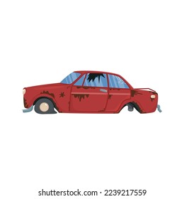 Broken car vector illustration. Cartoon drawings of damaged or abandoned rusty old automobile with flat tire isolated on white background. Car repair service concept