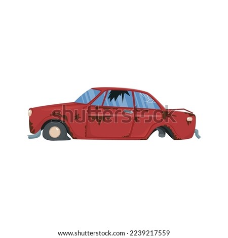 Broken car vector illustration. Cartoon drawings of damaged or abandoned rusty old automobile with flat tire isolated on white background. Car repair service concept