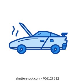 Broken car vector line icon isolated on white background. Broken car line icon for infographic, website or app. Blue icon designed on a grid system.