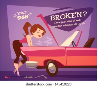 Broken Car. Vector Retro Styled Illustration.