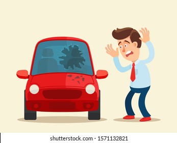 Broken car windshield. Angry driver standing near his car with a broken glass windscreen. Harming and vandalism. Theft from auto. Vector illustration, flat design cartoon style. Isolated background.