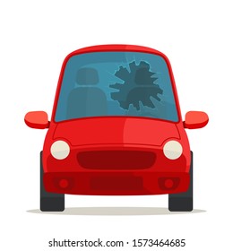 Broken car windshield. Shattered glass windscreen. Harming and vandalism. Theft from auto. Vector illustration, flat design cartoon style. Design element, isolated on white background.