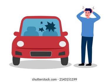 Broken car windshield with shocked angry driver in flat design on white background.