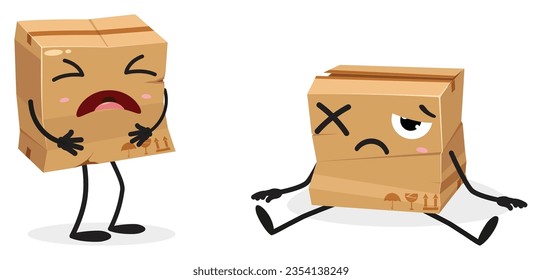 Broken cardboard and box cartoon characters, isolated on white background