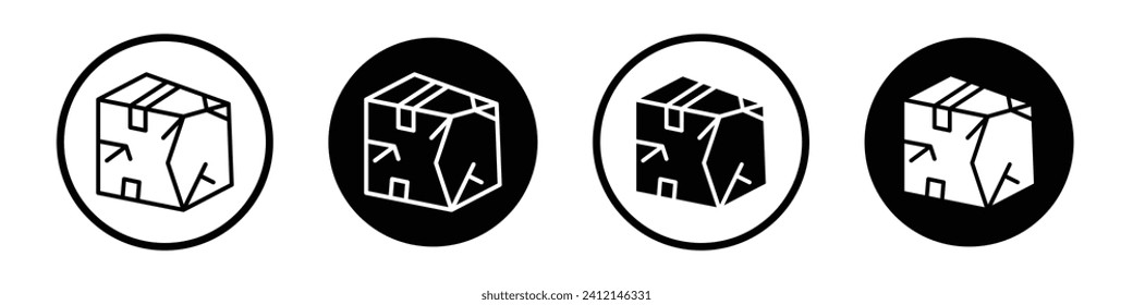 Broken cardboard box icon set. Damaged cardboard package vector symbol in a black filled and outlined style.