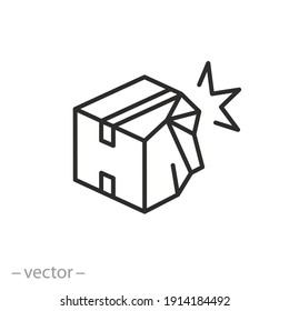 broken cardboard box icon, torn carton package, concept bad transportation, crumpled or squashed paper, delivery thin line web symbol on white background - editable stroke vector illustration - Shutterstock ID 1914184492