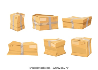 Broken cardboard damaged boxes set vector illustration. Cartoon isolated damaged packages with different damages of bad delivery and fail of storage, crushed, crumpled and smashed paper boxes