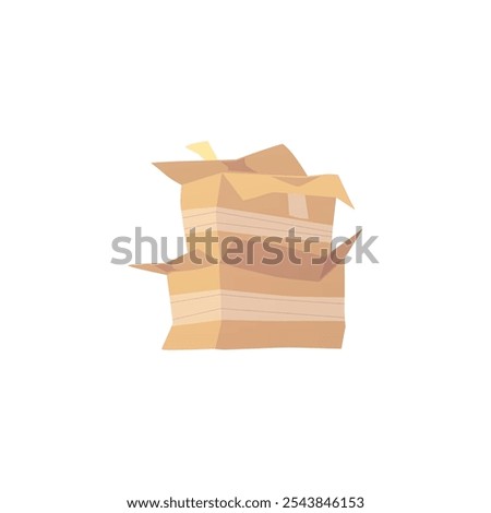 Broken cardboard, damaged boxes stack vector flat illustration. Cartoon old storage carton packages, crushed, crumpled and smashed paper boxes isolated on white background