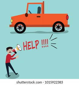 Broken car,driver shout for helping - vector illustration