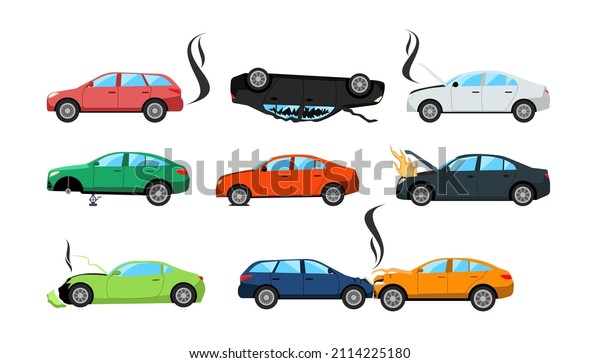 Broken cars after road traffic accident cartoon\
illustration set. Auto, automobile with broken motor and engine\
without wheel after crush or collision in need of repair. Damage,\
vehicle, fire concept