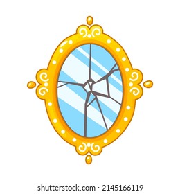 Broken cartoon mirror.Gold,oval vintage mirror is damaged,cracks on glass.Vector cartoon illustration isolated on white background.