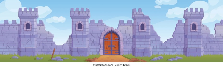 Broken castle. Abandoned fortress after war battlefield, knight citadel ancient palace stone wall ruins, cartoon medieval tower old rock brick vector illustration of abandoned medieval castle