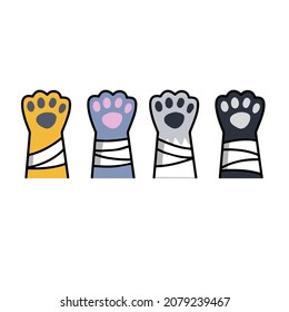 Broken cat paw. Medical care for pets. Veterinary clinic. Help for animals. Bandage on arm. Flat cartoon svg