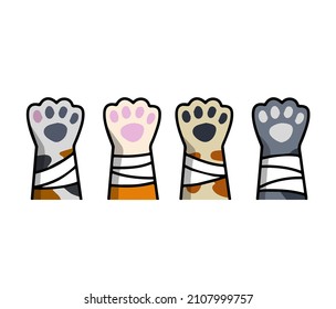 Broken cat paw. Medical care for pets. Veterinary clinic. Help for animals. Bandage on arm. Flat cartoon svg