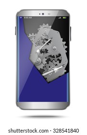 Broken cell phone with exposed gears as idea concept