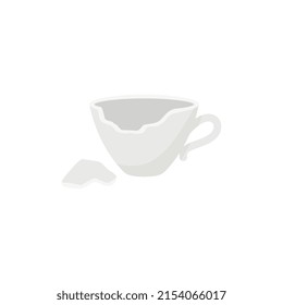 Broken ceramic cup or mug as symbol of misfortune, flat vector illustration isolated on white background. Bad luck and superstition concepts. Cracked dishe with dangerous fragments.