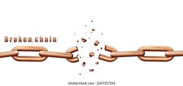 Broken chain banner. Bronze metal connection. Effect and overlay. Graphic element for website. Template, layout and mock up. Strength and security concept. Realistic isometric vector illustration