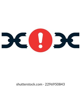 Broken chain with an exclamation point. The concept of destruction, error. Vector icon isolated on white background.