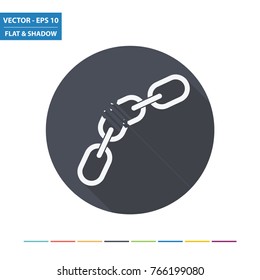 Broken chain flat icon with long shadow. Vector Illustration.