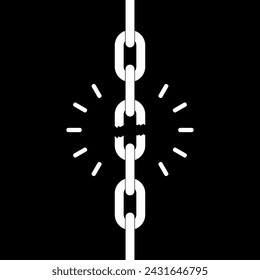 Broken chain graphic sign. Chain link broken isolated sign on black background. Vector illustration
