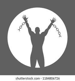 Broken chain graphic sign. Silhouette liberated man which broken chain. Freedom symbol. Vector illustration