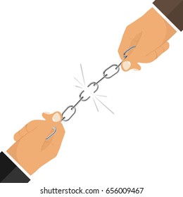 Broken chain, hands tearing the chain. Flat design, vector illustration, vector.