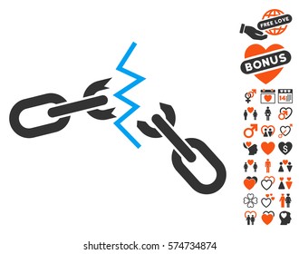 Broken Chain icon with bonus love icon set. Vector illustration style is flat iconic symbols for web design, app user interfaces.