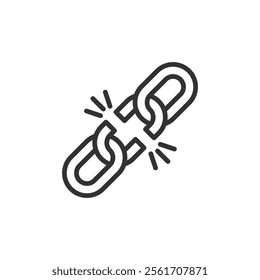 Broken chain, icon in line design. Broken, chain, disconnected, link, fragment, damage, repair on white background vector. Broken chain editable stroke icon