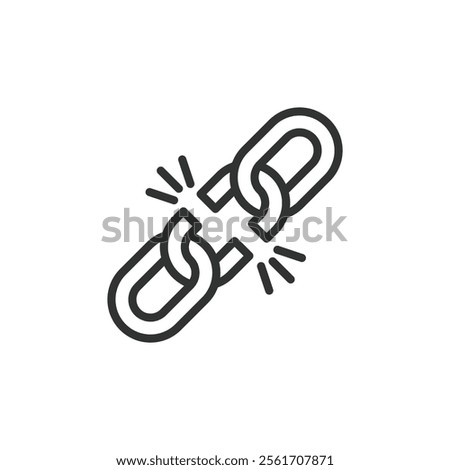 Broken chain, icon in line design. Broken, chain, disconnected, link, fragment, damage, repair on white background vector. Broken chain editable stroke icon