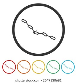 Ícone de cadeia quebrada. Definir ícones nos botões de círculo de cores
