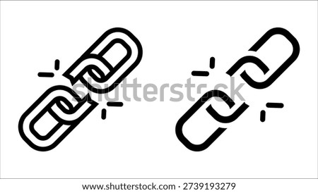 broken chain icon set. Illustration of broken chain links representing separation and disconnection.