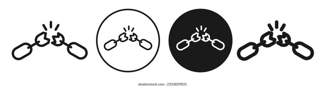 Broken chain icon. Vector set of damage product link. Symbol of weak or failed connection between part or path of industrial object. Flat outline of disconnect metal package. Logo sign of url break 