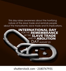 Broken chain illustration with bold text and sentences on dark brown background to commemorate International Day for the Remembrance of the Slave Trade and its Abolition August 23