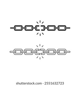 Broken chain like bad connection icon set. concept of end of relationship or slavery and jail or prison break. linear graphic lock and unlock lineart design