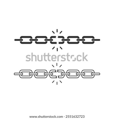 Broken chain like bad connection icon set. concept of end of relationship or slavery and jail or prison break. linear graphic lock and unlock lineart design