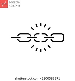 Broken chain line icon. Wreck chain link, torn chain, failure disconnection idea concept. Unlink, disconnected Loop. Editable stroke. Vector illustration. Design on white background. EPS 10