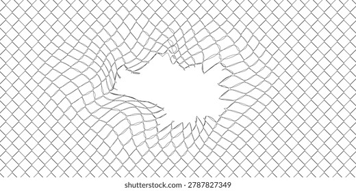 Broken Chain Link Fence Grid Background with Torn Metal Hole