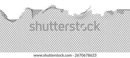 Broken chain link fence with torn wire mesh, suitable for security concepts, boundaries, and industrial or urban design projects.