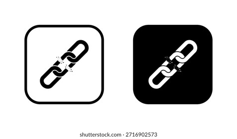 Symbol für gebrochene Kettenglieder in schwarzem Quadrat. Unlink, Verbindungsverlust, Trennungskonzept Symbol