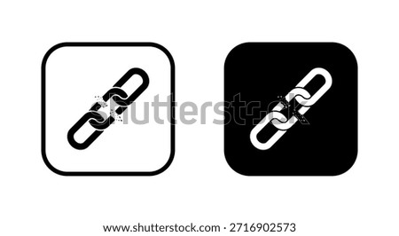 Broken chain link icon in black square. Unlink, connection loss, separation concept symbol