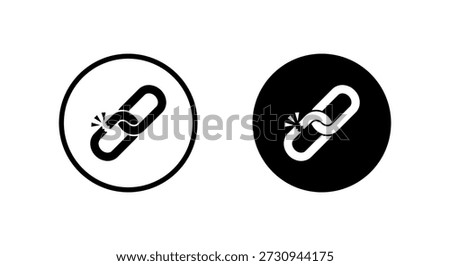 Broken chain link icon in black circle. Hyperlink damage symbol. Security breakdown sign