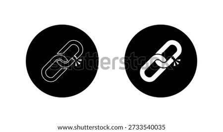 Broken chain link icon in black circle. Hyperlink damage symbol