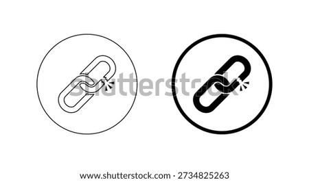 Broken chain link icon in circular outline. Hyperlink damage symbol